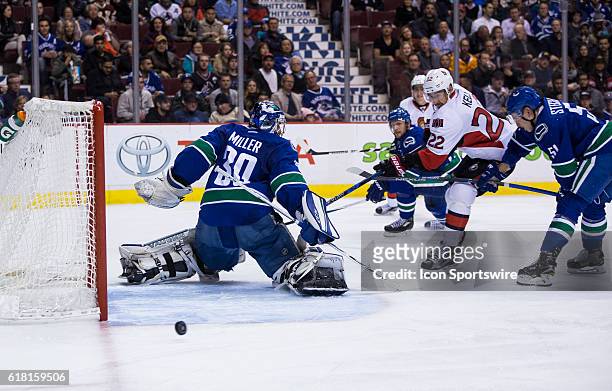 Vancouver Canucks Defenceman Troy Stecher checks Ottawa Senators Center Chris Kelly in front of Vancouver Canucks Goalie Ryan Miller during a game at...