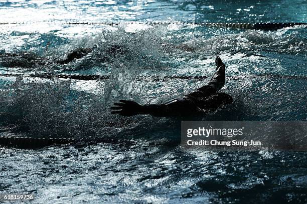 Competitor warms up before heats on the day two of the FINA Swimming World Cup 2016 Tokyo at Tokyo Tatsumi International Swimming Pool on October 26,...