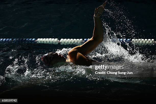 Competitor warms up before heats on the day two of the FINA Swimming World Cup 2016 Tokyo at Tokyo Tatsumi International Swimming Pool on October 26,...