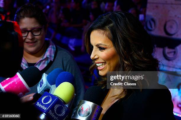 Actress Eva Longoria speaks on the red carpet of the movie 'Un cuento de Circo and a Love Song' during the Morelia International Film Festival on...