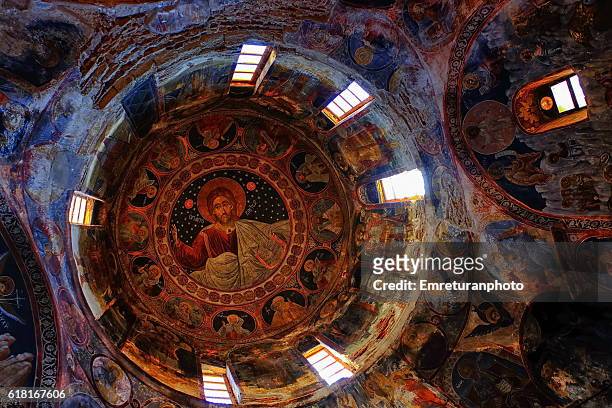 illustrations, cliparts, dessins animés et icônes de paintings of the dome roof of the church of holy apostles - pyrgi