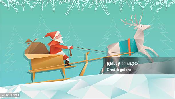 polygonal  illustration of santa with reindeer sleigh in winter landscape - polygon illustration christmas stock illustrations