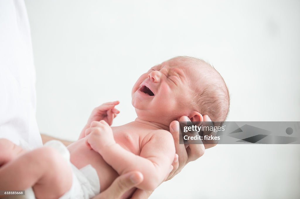 Portrait of a screaming newborn hold at hands