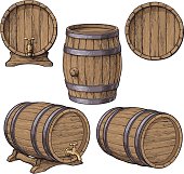 Collection of wine, rum, beer classical wooden barrels