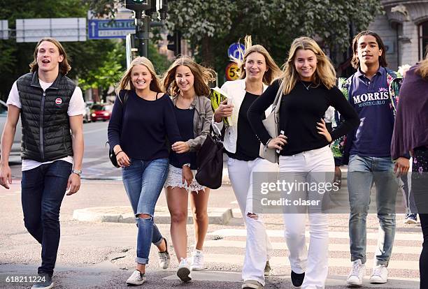 young shopping school girls walking down the street - stureplan bildbanksfoton och bilder