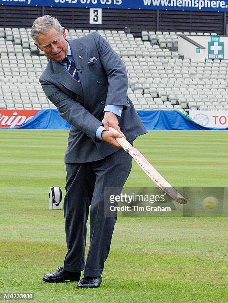Prince Charles, Prince of Wales visits the Prince's Trust twelve week cricketing programme at Edgbaston and tries his hand at batting. NOT FOR USE IN...