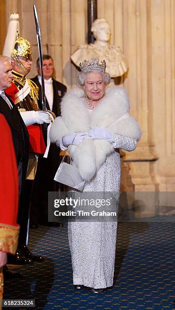 Queen Elizabeth II at the State Opening of Parliament, held in the House of Lords.