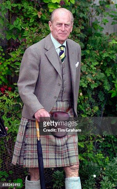 Prince Philip, wearing traditional Scottish Balmoral tartan kilt, attends the Garden Party at Balmoral Castle to mark the end of the Queen's Golden...