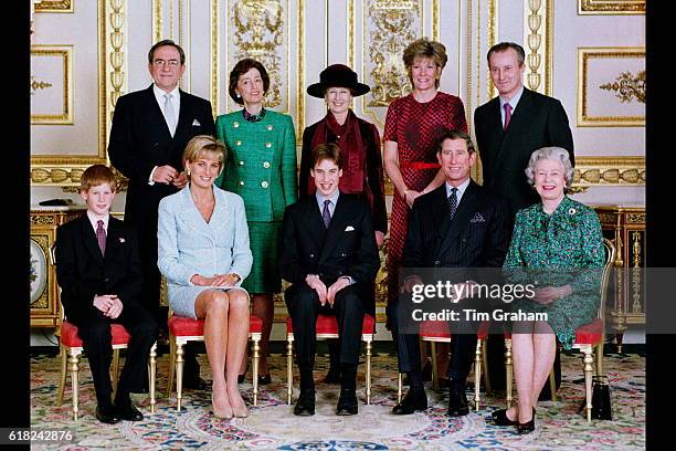 Prince William after his confirmation, with his parents Princess Diana and Prince Charles, who are flanked by his brother Prince Harry and Queen...