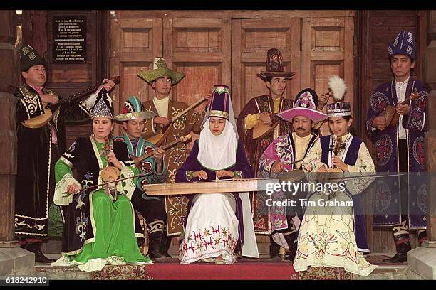 Traditional ethnic dancers and musicians in cultural costumes, Central Asian Republic of Kazakhstan. World culture