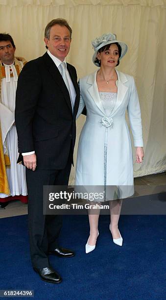 Prime Minister Tony Blair and Cherie Booth arrive for the Service of Prayer and Dedication blessing the marriage of The Prince of Wales, Prince...