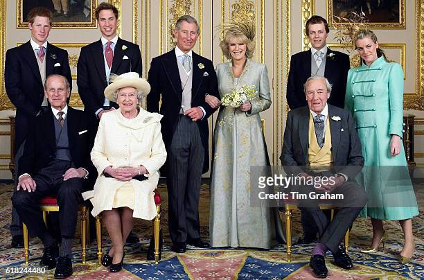 Prince Charles, the Prince of Wales and his new bride Camilla, Duchess of Cornwall, with their families, L-R back row: Prince Harry, Prince William,...