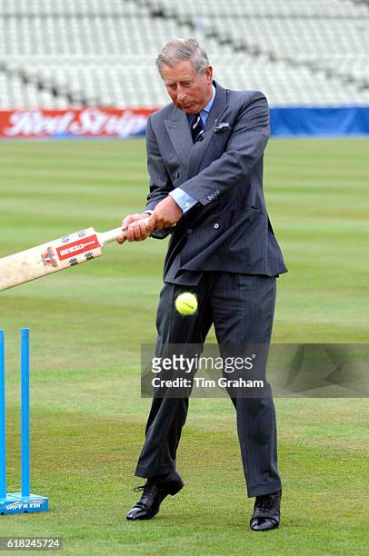 Prince Charles, Prince of Wales visits the Prince's Trust twelve week cricketing programme at Edgbaston and tries his hand at batting. NOT FOR USE IN...