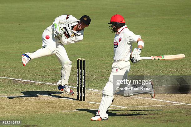 Sam Whiteman of the Warriors juggles a return throw as Callum Ferguson of the Redbacks makes his ground during day two of the Sheffield Shield match...