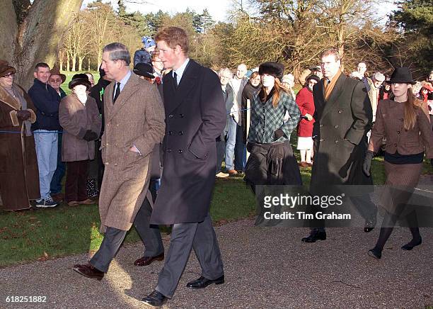 Prince Charles, Prince Harry, Prince Andrew and his daughters Princess Beatrice and Princess Eugenie walk to church at Sandringham on Boxing Day.
