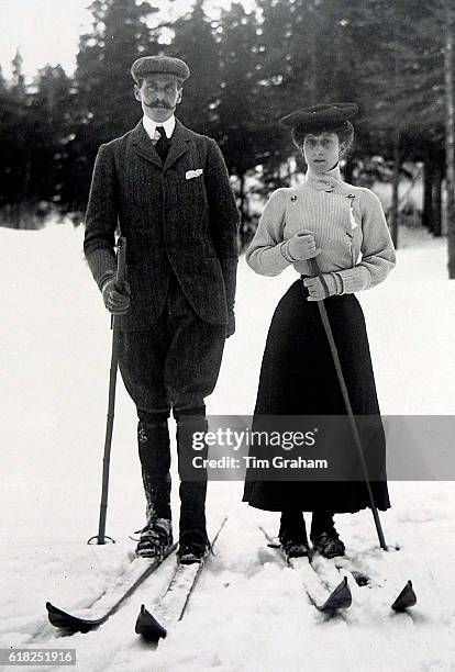 Photograph of King Haakon and Queen Maud skiing on display at the 'Style and Splendour Queen Maud of Norway's Wardrobe 1896-1938' exhibition at the...