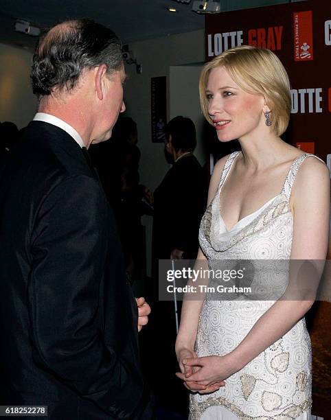 Prince Charles, President, The Prince's Trust, meeting Australian actress Cate Blanchett at the film premiere of "Charlotte Gray'" at London's Odeon...