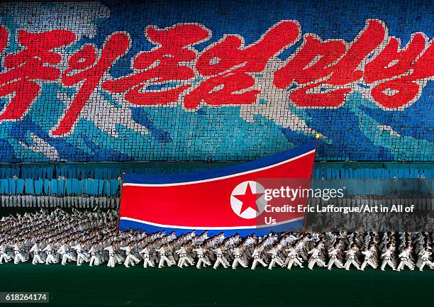 North korean flag during the arirang mass games at may day stadium, pyongyang, North Korea on September 6, 2012 in Pyongyang, North Korea.