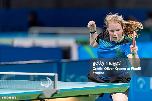 Lena Kramm of BSV München/Bayern [paralympic classification: CL9] giving all in the match against Guiyan Xiong on Day 2 of the Rio 2016 Paralympic...