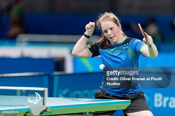 Lena Kramm of BSV München/Bayern [paralympic classification: CL9] fighting hard against Guiyan Xiong on Day 2 of the Rio 2016 Paralympic Games during...