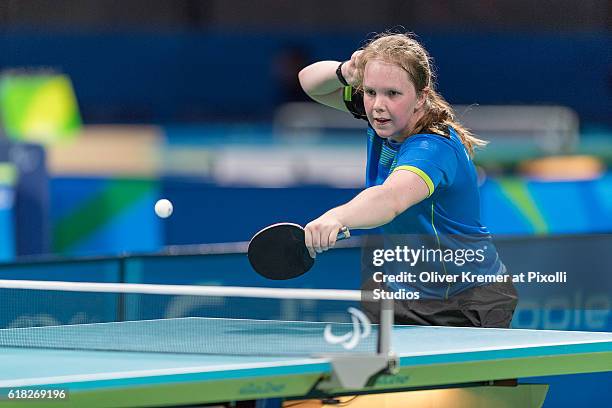 Lena Kramm of BSV München/Bayern [paralympic classification: CL9] giving all in the match against Guiyan Xiong on Day 2 of the Rio 2016 Paralympic...