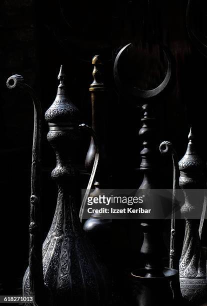 brass objets at safranbolu bazaar in black sea - ballustrade stockfoto's en -beelden