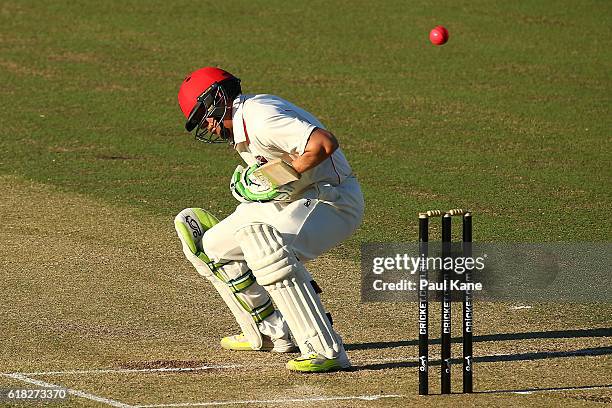 Jake Lehmann of the Redbacks avoids a short pitched delivery from David Moody of the Warriors during day two of the Sheffield Shield match between...