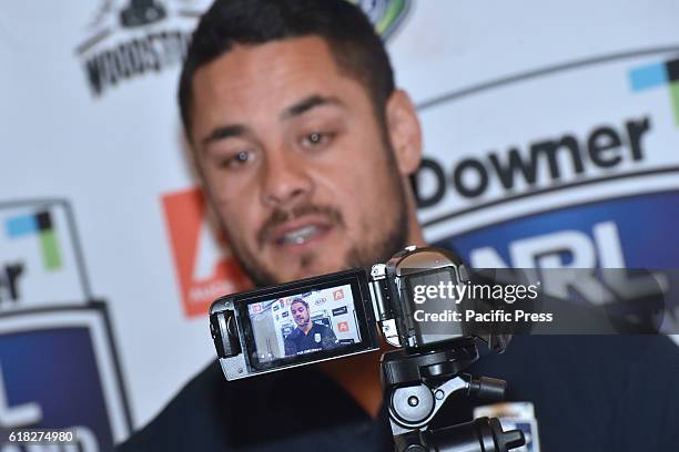 Jarryd Hayne speaks to the media during media conference in Auckland, New Zealand. Jarryd Hayne is a world class international NRL player. He...