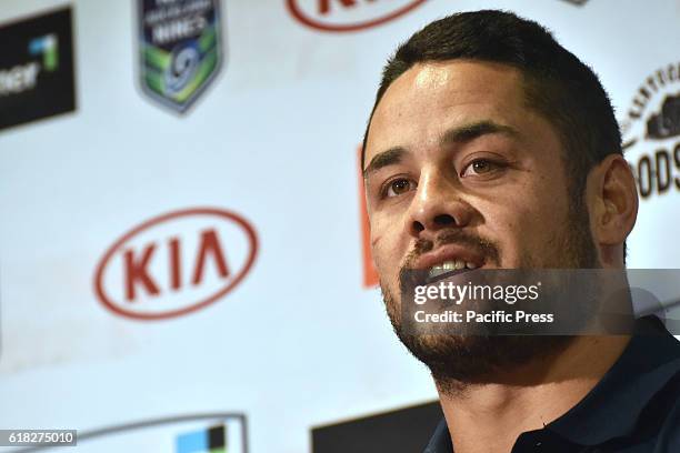 Jarryd Hayne speaks to the media during media conference in Auckland, New Zealand. Jarryd Hayne is a world class international NRL player. He...
