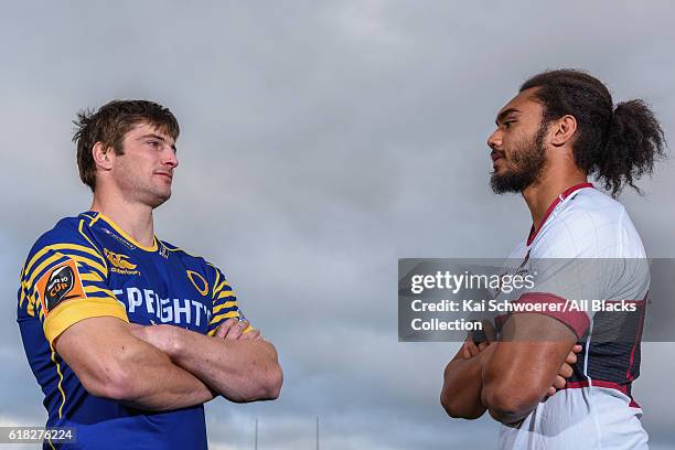 Paul Grant of Otago and Chris Vui of North Harbour pose during a Mitre 10 Cup Final media opportunity at AMI Stadium on October 26, 2016 in...