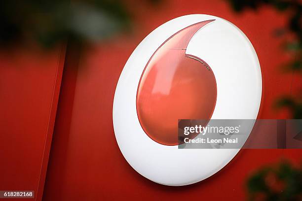 The Vodafone logo is seen on a store front on October 26, 2016 in London, England. Regulator Ofcom has fined Vodafone, who have 20 million mobile...