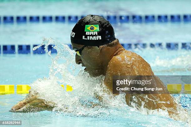 Felipe Lima of Brazil competes in the Men's 100m Breaststroke final on the day two of the FINA Swimming World Cup 2016 Tokyo at Tokyo Tatsumi...
