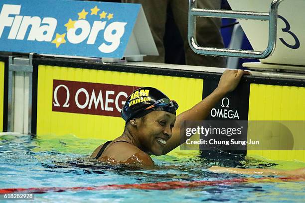 Alia Atkinson of Jamaica reacts after the Women's 50m Breaststroke final on the day two of the FINA Swimming World Cup 2016 Tokyo at Tokyo Tatsumi...