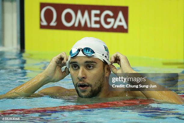 Chad Le Clos of South Africa reacts after the Men's 100m Butterfly final on the day two of the FINA Swimming World Cup 2016 Tokyo at Tokyo Tatsumi...