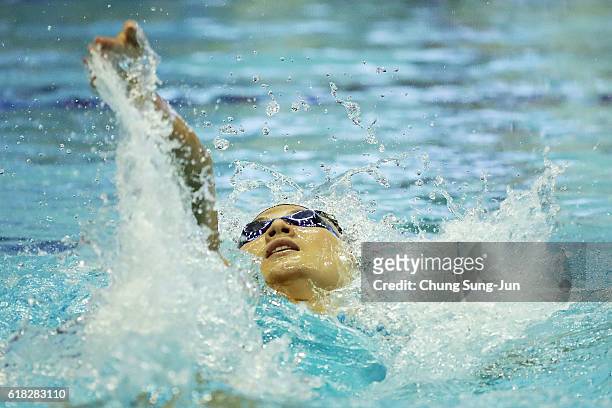 Miyuki Takemura of Japan competes in the Women's 100m Backstroke final on the day two of the FINA Swimming World Cup 2016 Tokyo at Tokyo Tatsumi...
