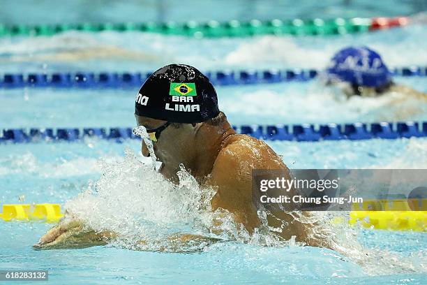 Felipe Lima of Brazil competes in the Men's 100m Breaststroke final on the day two of the FINA Swimming World Cup 2016 Tokyo at Tokyo Tatsumi...