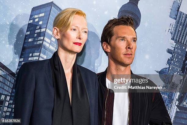 Tilda Swinton and Benedict Cumberbatch attend the 'Doctor Strange' photocall at Soho House on October 26, 2016 in Berlin, Germany.