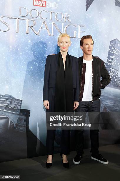Tilda Swinton and Benedict Cumberbatch attend the 'Doctor Strange' photocall at Soho House on October 26, 2016 in Berlin, Germany.