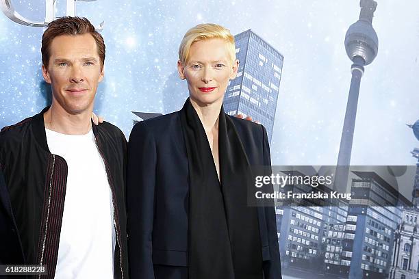 Benedict Cumberbatch and Tilda Swinton attend the 'Doctor Strange' photocall at Soho House on October 26, 2016 in Berlin, Germany.