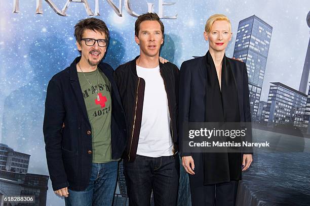 Director Scott Derrickson, Benedict Cumberbatch and Tilda Swinton attend the 'Doctor Strange' photocall at Soho House on October 26, 2016 in Berlin,...