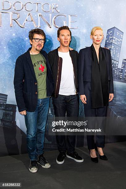Director Scott Derrickson, Benedict Cumberbatch and Tilda Swinton attend the 'Doctor Strange' photocall at Soho House on October 26, 2016 in Berlin,...