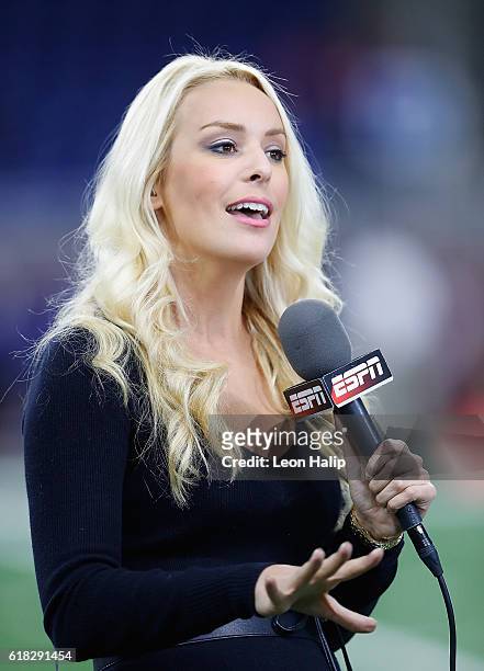 Sideline reporter Brittany McHenry works the pregame broadcast prior to the start of the game between the Washington Redskins and the Detroit Lions...