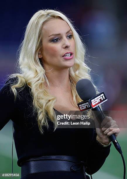 Sideline reporter Brittany McHenry works the pregame broadcast prior to the start of the game between the Washington Redskins and the Detroit Lions...