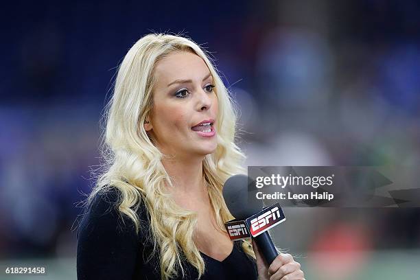 Sideline reporter Brittany McHenry works the pregame broadcast prior to the start of the game between the Washington Redskins and the Detroit Lions...