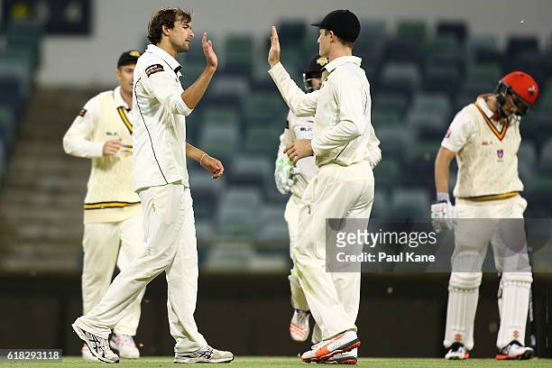 Ashton Agar of the Warriors celebrates after dismissing Tom Cooper of the Redbacks during day two of the Sheffield Shield match between Western...