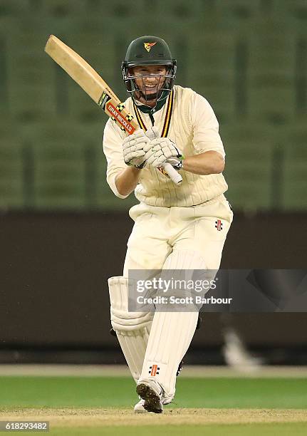 George Bailey of Tasmania bats during day two of the Sheffield Shield match between Victoria and Tasmania at the Melbourne Cricket Ground on October...