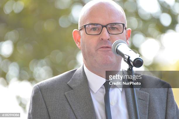 Gary Jones, editor of the Sunday Mirror newspaper, speaks at the 'Rally for Aleppo' outside Downing Street on October 22, 2016 in London, England....