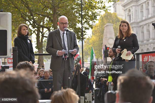 Gary Jones , editor of the Sunday Mirror newspaper, speaks at the 'Rally for Aleppo' outside Downing Street as Cary Mulligan and Alison McGovern also...