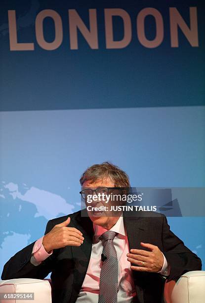Philanthropist Bill Gates, of the Bill & Melinda Gates Foundation speaks at the Grand Challenges Annual Meeting 2016 in central London on October 26,...