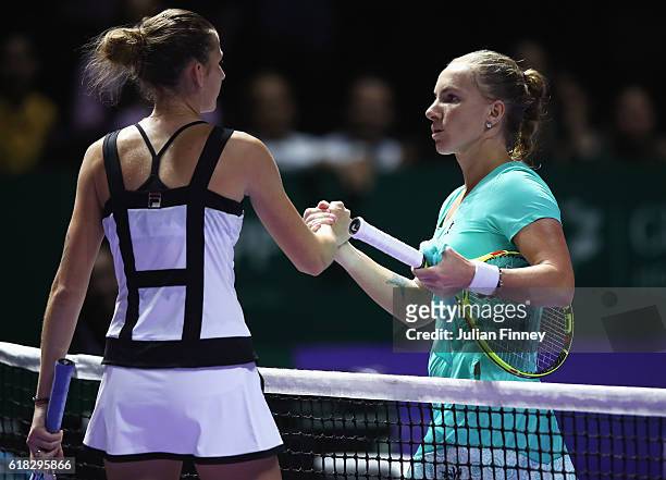 Svetlana Kuznetsova of Russia celebrates victory in her singles match against Karolina Pliskova of Czech Republic during day 4 of the BNP Paribas WTA...